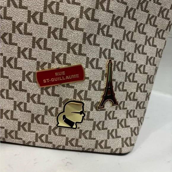 Karl Lagerfeld Paris Monogram Tote Bag Brown Logo Canvas Shoulder Bag w/ Charms - Picture 8 of 12